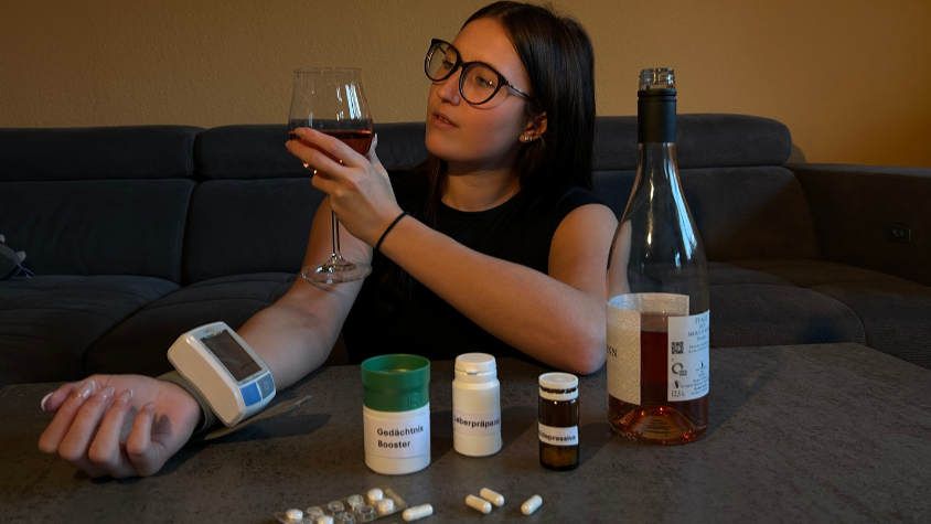 Frau mit Weinglas und Pillen