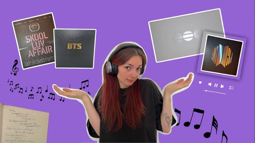 Eine Collage, die verschiedene BTS Alben von früher und heute zeigt.