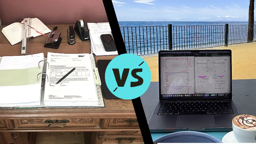 Auf der linken Seite ein traditioneller Schreibtisch, auf der rechten Seite ein Laptop und im Hintergrund ist das Meer zu sehen. 