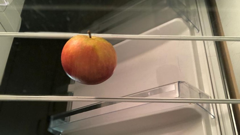 Ein einsamer Apfel liegt in einem leeren Kühlschrank.