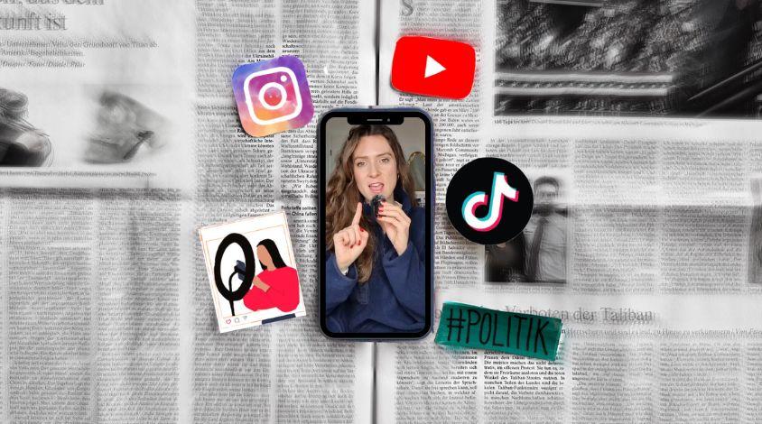 Ein Smartphone liegt auf einer Zeitung, umgeben von Social-Media-Logos wie TikTok, Instagram und YouTube – Symbolbild für den Wandel politischer Kommunikation durch Politische Influencer*innen.