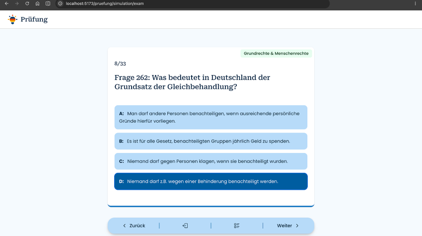 Ein Screenshot der Quizseite in der Webapp