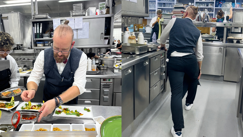 Andy Bäßler ist zu sehen, wie er kocht (rechte Seite) und wie er im Ausfallschritt in der Küche sein Bein dehnt (linke Seite).