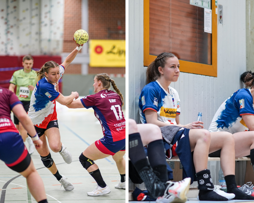 Das Bild zeigt zwei Szenen aus dem Handball, links die Perspektive im Wettkampf und rechts die niedergeschlagene Perspektive nach dem Spiel.