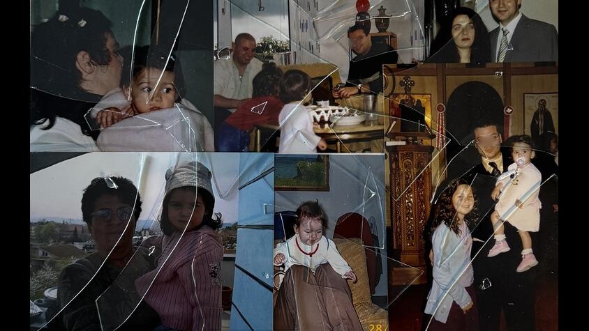 Eine Kollage aus mehreren Familienfotos. Über allen Bildern liegen Scherben, als wäre die Kollage gesprungen.
