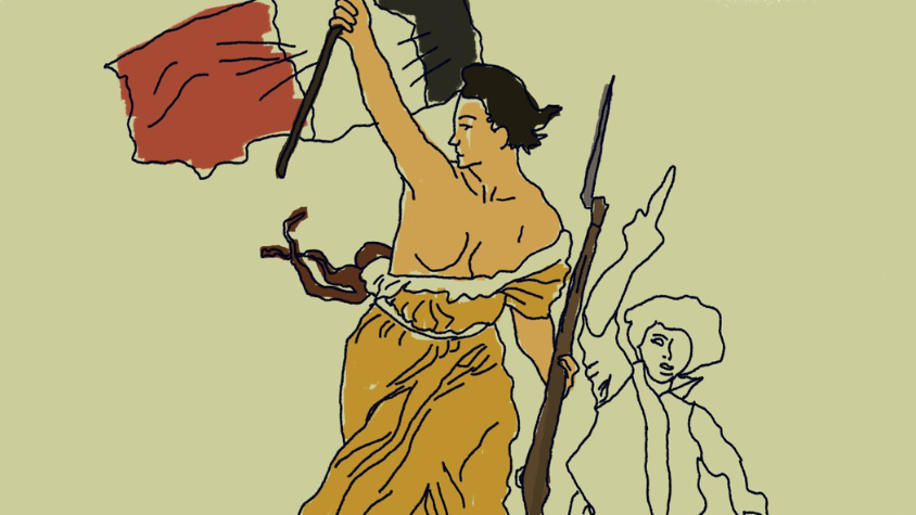 Personifizierung der Freiheit in Form einer Frau die die Flagge Frankreichs hisst.