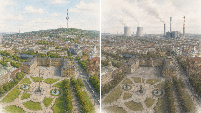 Das Bild ist KI-generiert. Zu sehen ist auf der linken Seite der Stuttgarter Schlossplatz, wie er heute aussieht, mit strahlendem Himmel. Rechts ist eine Zukunftsvision mit Rauch aus Atom- und Kohlekraftwerken.