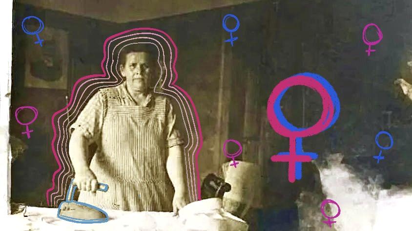 Verkörperung des traditionellen Frauenbilds: Frau mit Bügeleisen, am Wäsche machen