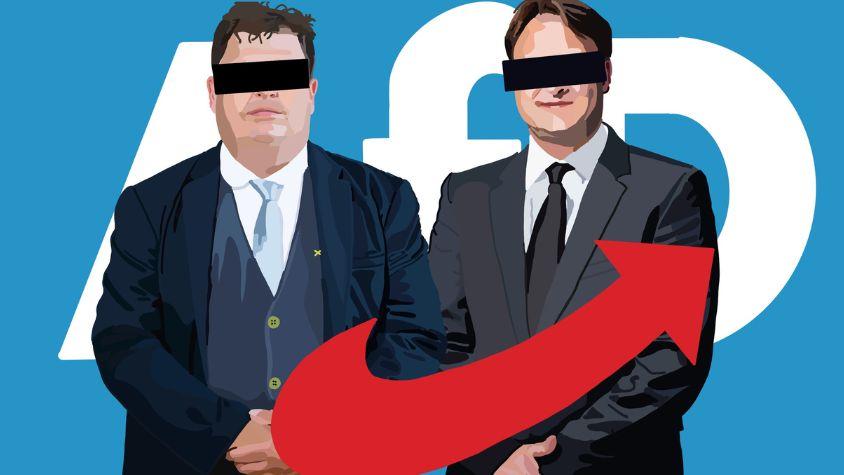 Zeichnungen von Hannes Loth und Robert Sesselmann stehen vor dem AfD-Logo und haben schwarze Balken über den Augen.