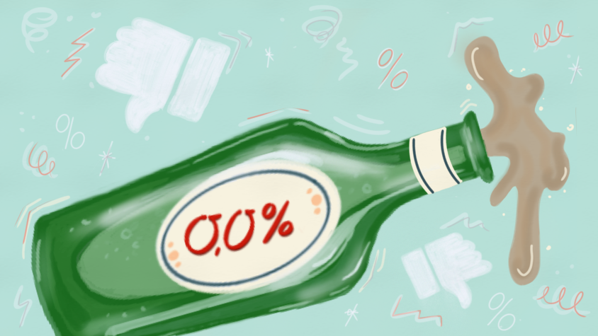 Eine Zeichnung einer Bierflasche. Auf dem Etikett steht 0,0-Prozent Alkohol.  