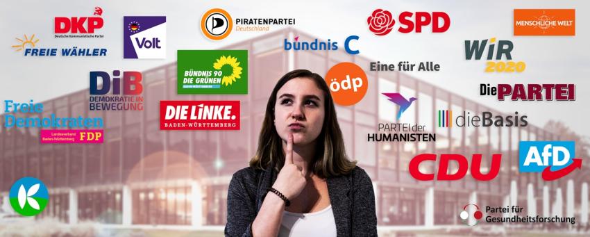 Frau vor Wand mit Logos der Parteien