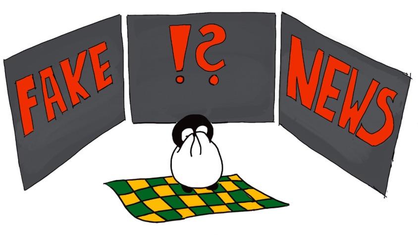 Comic: Pinguin sitzt erschreckt vor drei großen Bildschirmen mit den Worten "Fake News".
