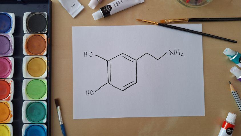 Chemisches Formelzeichen von Dopamin auf Papier gemalt. Daneben ein Wasserfarbkasten und Pinsel.