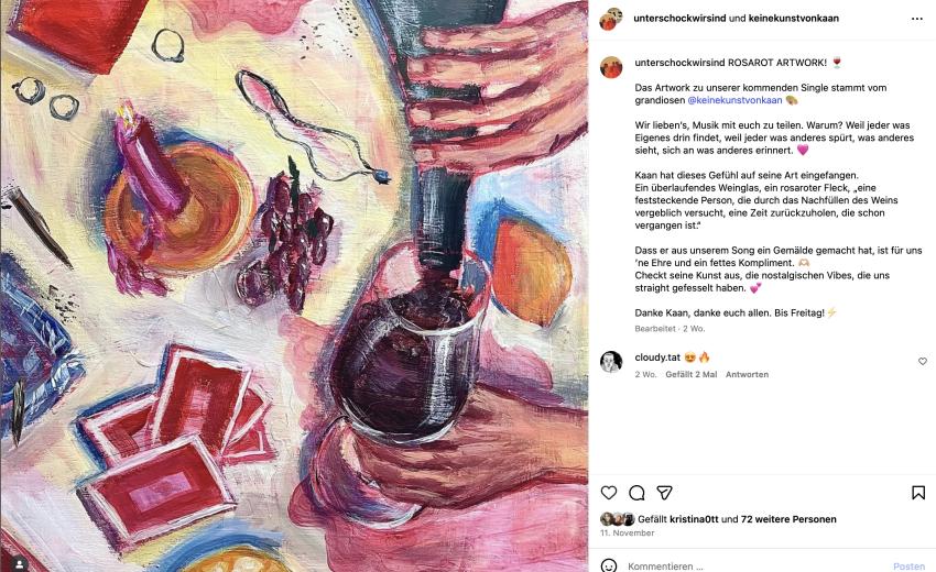 Screenshot von Kaan's Kunstwerk gepostet auf seinem Instagram-Kanal, @keinekunstvonkaan. Szene eines chaotischen Tisch's in roten Farben ist abgebildet.