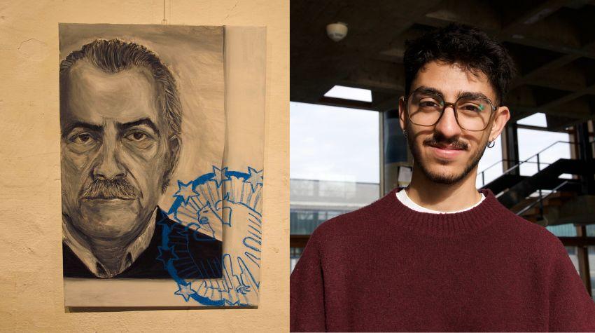 Links ist ein Acrylgemälde zu sehen, auf diesem ist ein Kaans Opa abgebildet. Rechts e