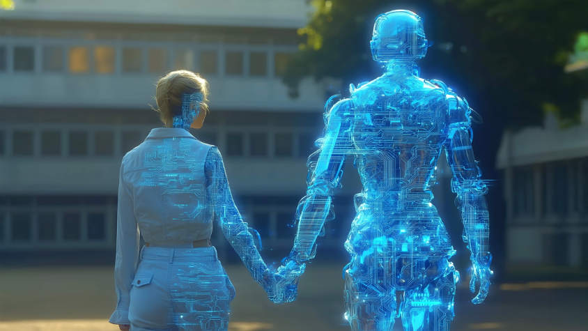 Das Bild zeigt ein von KI bearbeitetes Bild, auf dem eine Frau auf der linken Seite die Hand eines Wesens, einer KI, zu ihrer rechten hält. Beide laufen auf ein Bürogebäude zu.