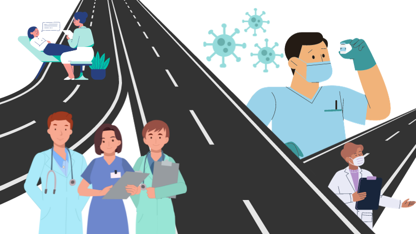 Es sind mehrere Straßenabzweigungen und viele verschiedene Ärzte abgebildet, die verdeutlichen soll, wie viele verschiedene Ärzte bei dem Weg zur Diagnose häufig notwendig sind.