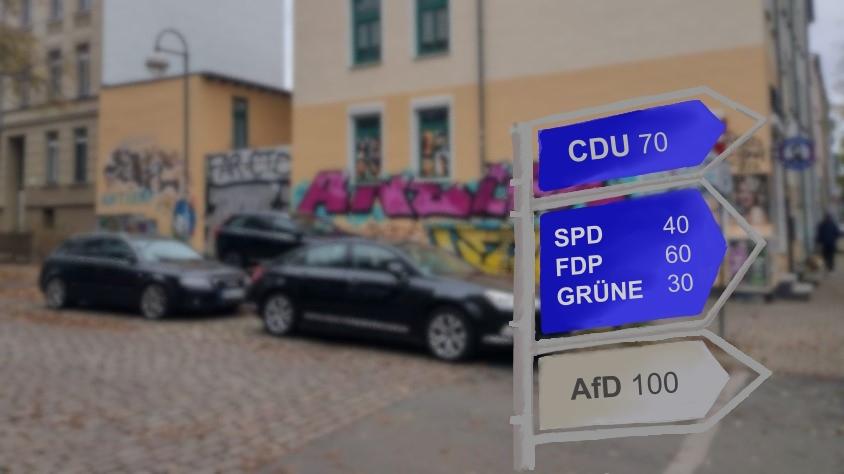 Ein Straßenschild zeigt die Richtung der Parteien an.