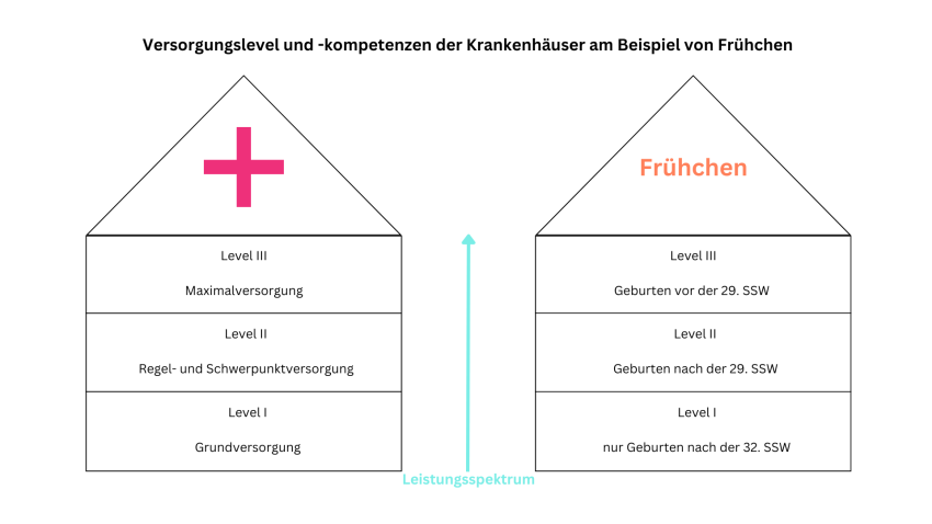 Auf der Infografik sind zwei Krankenhäuser nebeneinander skizziert, die in drei Level unterteilt sind. Das erste ist nur mit den Leveln der Kliniken beschriftet, das andere bezieht sich auf die Level im Bezug auf Frühchen.