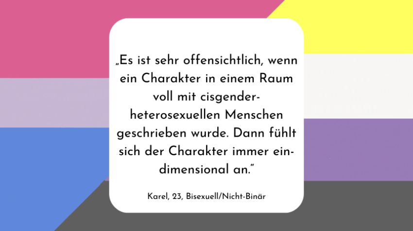 Grafik, deren Hintergrund in zwei Teile geteilt ist. Der rechte Teil stellt die bisexuelle Flagge dar, der linke Teil die nicht-binäre. Im Vordergrund befindet sich ein weiß unterlegtes Textfeld. Im Textfeld steht: "Es ist sehr offensichtlich, wenn ein Charakter in einem Raum voll mit cisgender-heterosexuellen Menschen geschrieben wurde. Dann fühlt sich der Charakter immer ein-dimensional an." Unter diesem Zitat steht "Karel, 23, Bisexuell/Nicht-Binär".