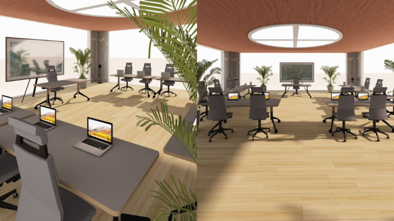 Animation of a futuristic lecture room: Spacious, with sunlight and plants, every student can see the professor well