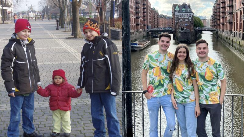 Auf dem linken Bild ist Henrik mit seinen beiden Geschwistern in Wien zu sehen und auf dem rechten Bild sind die drei in der Hamburger Speicherstadt.