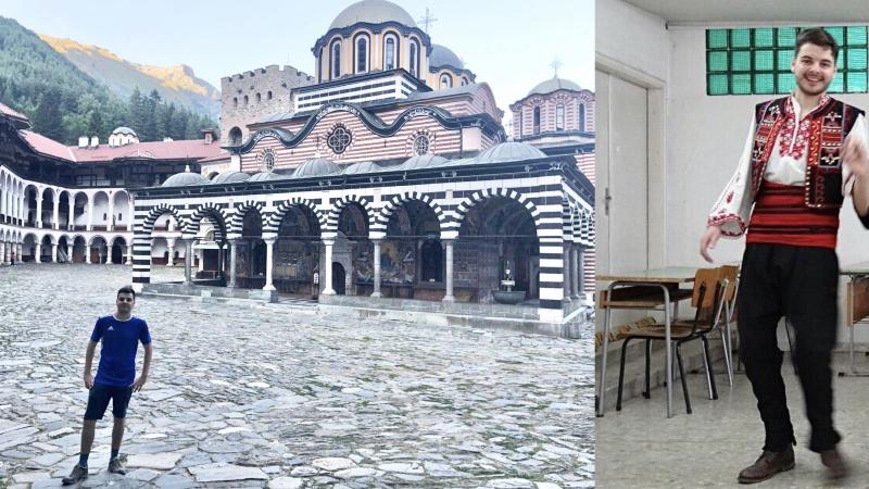Auf dem linken Bild steht Henrik vor einer bulgarisch-orthodoxen Kirche und auf dem rechten Bild tanzt er in traditioneller bulgarischer Tracht.