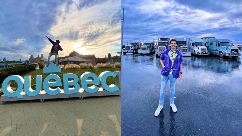 Im linken Bild imitiert Henrik die berühmte Bogenschützenpose von Usain Bolt, während er auf dem großen Schriftzug „Québec Cité“ balanciert. Im rechten Bild steht er vor einem halben Dutzend Trucks.
