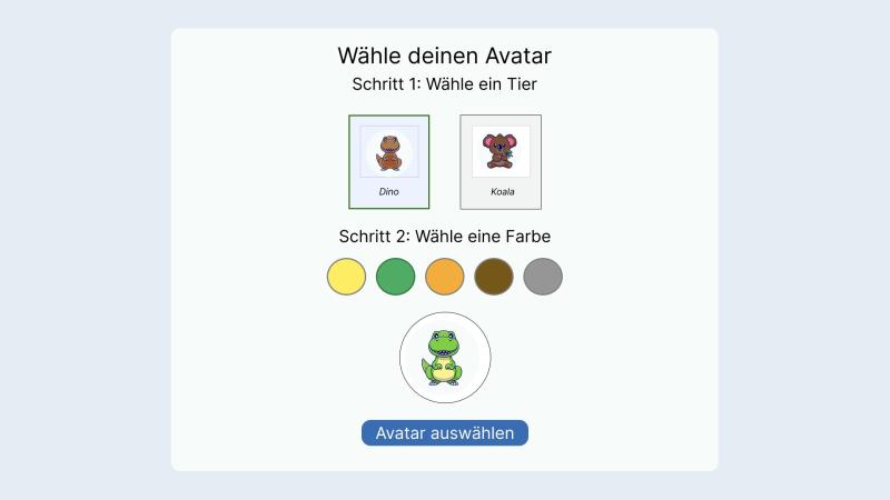 Screenshot aus der WebApp, bei dem man den Avatar auswählen kann.