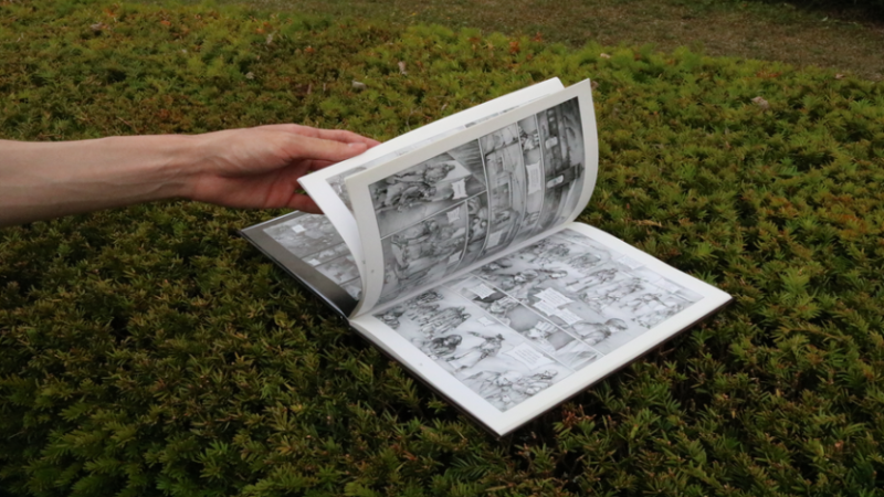 A hand browsing through a graphic novel.