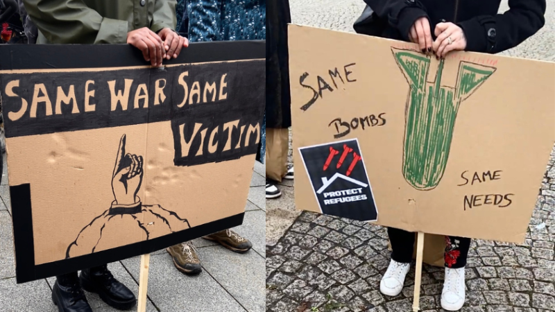 Demoplakat mit Aufschrift "Same War Same victims"