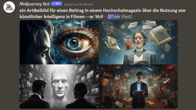Screenshot aus dem Programm "Midjourney" in welchem die KI gerade mögliche Titelbilder für diesen Artikel generiert hat. 