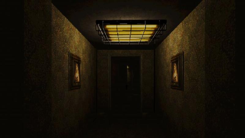 Screenshot aus dem Spiel: Ein dunkler Gang mit Gemälden an der Wand