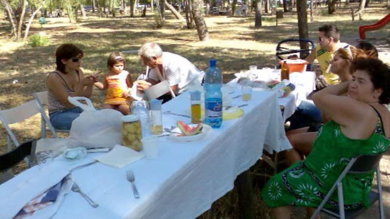 Menschen sitzen gemeinsam an einem langen Tisch im Wald und genießen eine Mahlzeit in familiärer Runde.
