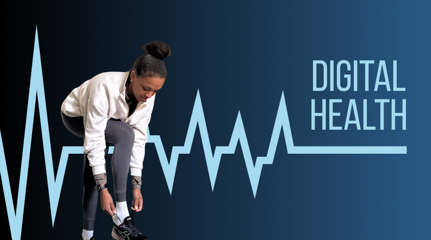 Zu sehen ist eine Sportlerin mit Fitnessuhr und im Hintergrund eine Herzfrequenz-Kurve und die Überschrift Digital Health.
