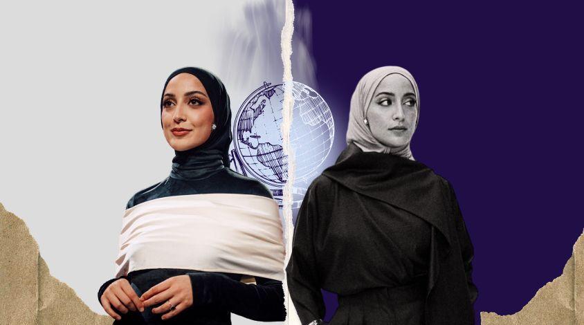 Büşra Sayed einmal in schwarz-weiß und einmal in Farbe vor einer Weltkugel