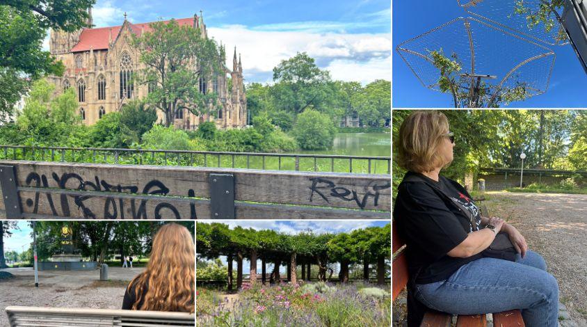 Zu sehen ist eine Collage aus fünf Schattenplätzen in Stuttgart: Feuersee, Marienplatz, Akademiegarten, Killesberg, Kurpark