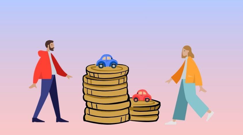 Eine Frau und ein Mann stehen neben einem unterschiedlich hohen Berg von Münzen