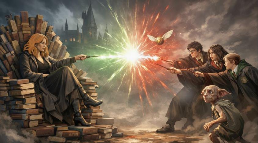 Drei Menschen in Hogwarts Unifromen kämpfen in einem magischen Duell gegen die Buchautorin J.K. Rowling