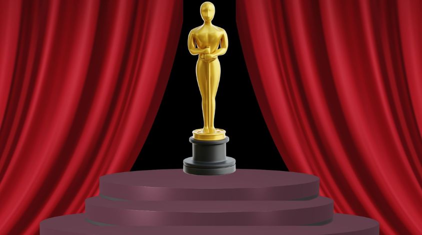 Eine Illustration von einem Oscar, umgeben von einem roten Vorhang.