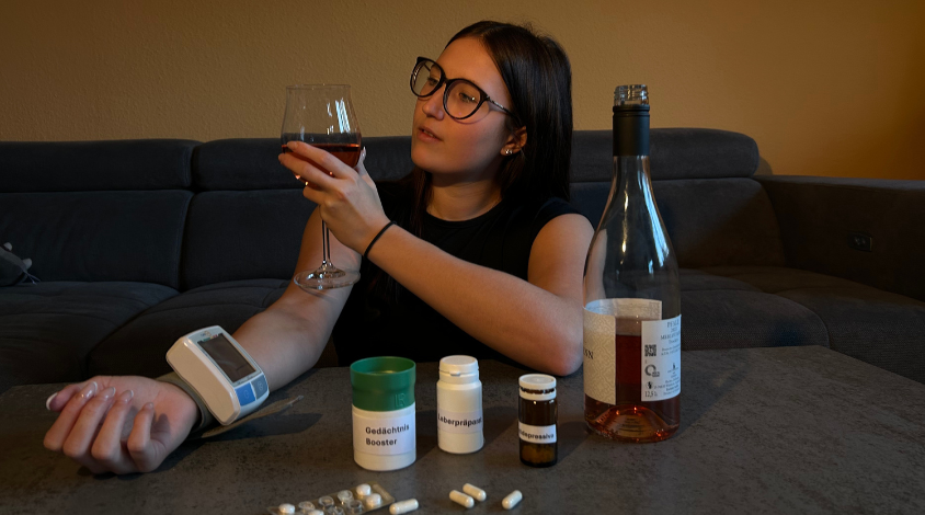 Frau mit Weinglas und Pillen