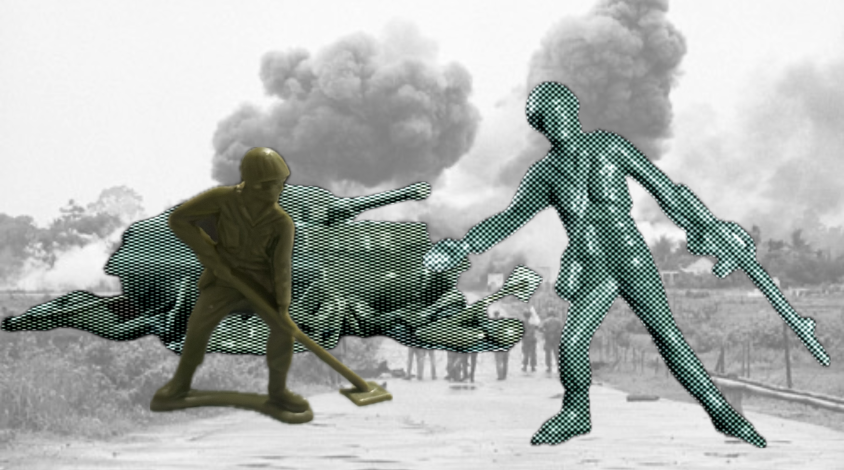 Spielzeug Soldaten vor Kriegsszenerie