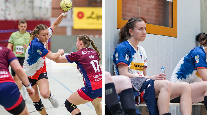 Das Bild zeigt zwei Szenen aus dem Handball, links die Perspektive im Wettkampf und rechts die niedergeschlagene Perspektive nach dem Spiel.