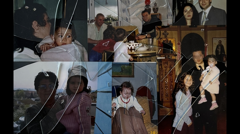 Eine Kollage aus mehreren Familienfotos. Über allen Bildern liegen Scherben, als wäre die Kollage gesprungen.