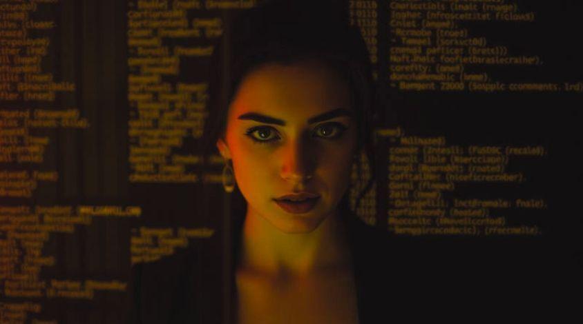 Frau, die zentral im Bild steht und geradeaus schaut. Im Hintergrund ist Code zu sehen.